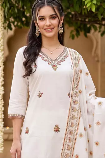 women ethnic motifs embroidered regular thread work cotton kurta with trousers & with dupatta