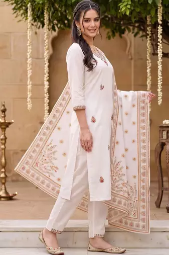 women ethnic motifs embroidered regular thread work cotton kurta with trousers & with dupatta