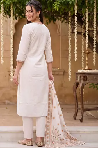 women ethnic motifs embroidered regular thread work cotton kurta with trousers & with dupatta