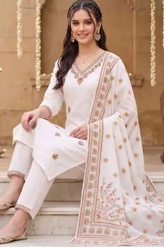 women ethnic motifs embroidered regular thread work cotton kurta with trousers & with dupatta