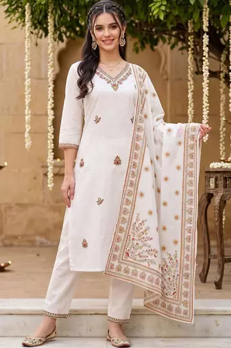 women ethnic motifs embroidered regular thread work cotton kurta with trousers & with dupatta