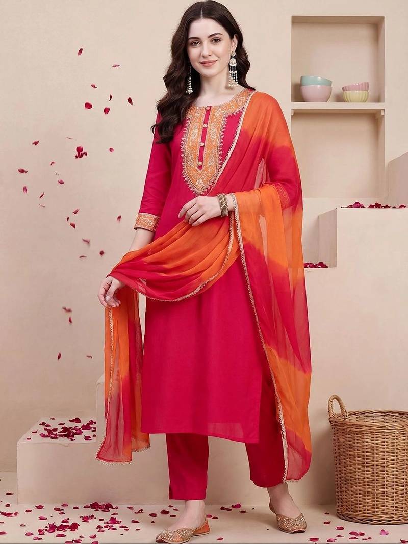 women ethnic motifs embroidered regular thread work kurta with trousers & with dupatta