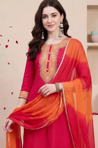 women ethnic motifs embroidered regular thread work kurta with trousers & with dupatta