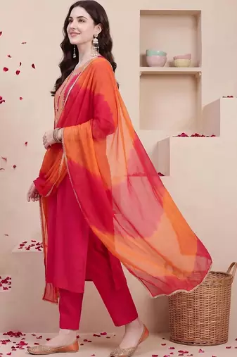 women ethnic motifs embroidered regular thread work kurta with trousers & with dupatta