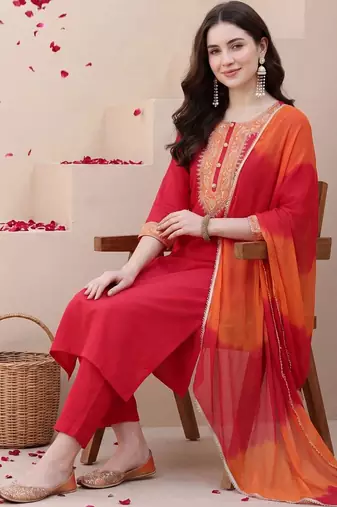 women ethnic motifs embroidered regular thread work kurta with trousers & with dupatta