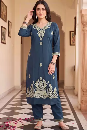 women ethnic motifs embroidered regular thread work cotton kurta with trousers