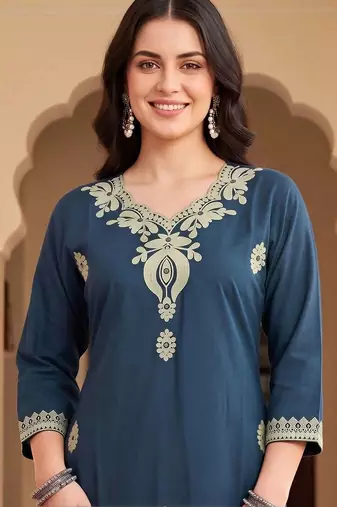 women ethnic motifs embroidered regular thread work cotton kurta with trousers