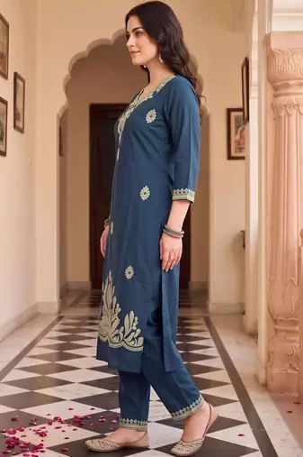 women ethnic motifs embroidered regular thread work cotton kurta with trousers