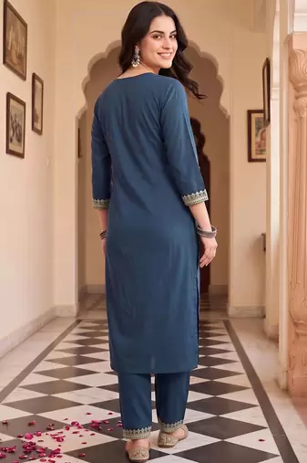 women ethnic motifs embroidered regular thread work cotton kurta with trousers