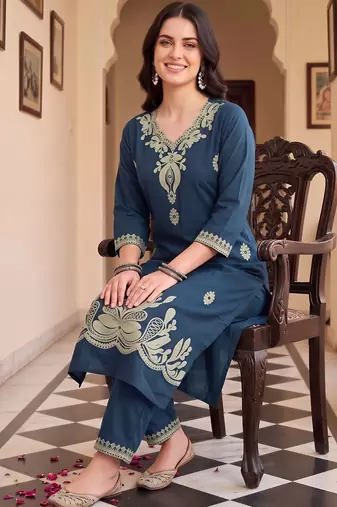 women ethnic motifs embroidered regular thread work cotton kurta with trousers