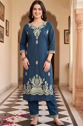 women ethnic motifs embroidered regular thread work cotton kurta with trousers