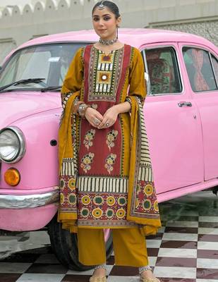 women ethnic motifs printed regular mirror work cotton kurta with trousers & with dupatta 1