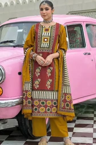 women ethnic motifs printed regular mirror work cotton kurta with trousers & with dupatta