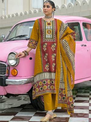 women ethnic motifs printed regular mirror work cotton kurta with trousers & with dupatta 2