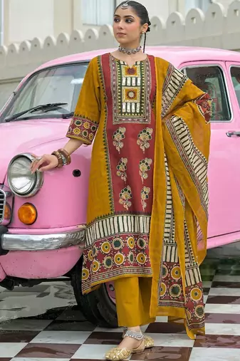 women ethnic motifs printed regular mirror work cotton kurta with trousers & with dupatta