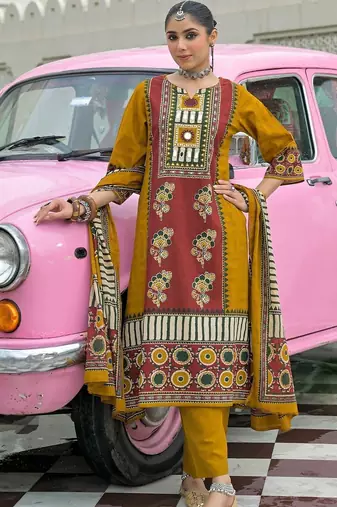 women ethnic motifs printed regular mirror work cotton kurta with trousers & with dupatta