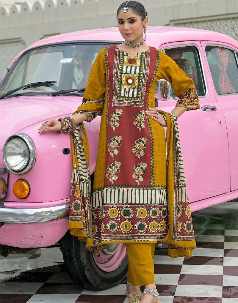 women ethnic motifs printed regular mirror work cotton kurta with trousers & with dupatta
