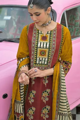women ethnic motifs printed regular mirror work cotton kurta with trousers & with dupatta