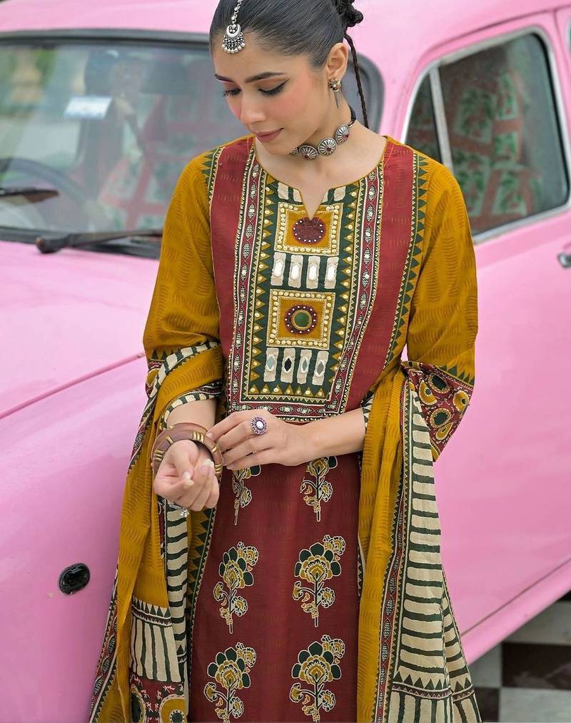 women ethnic motifs printed regular mirror work cotton kurta with trousers & with dupatta