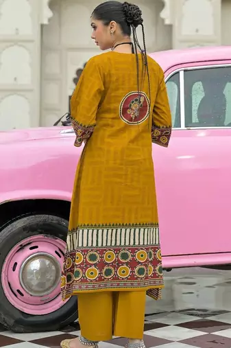 women ethnic motifs printed regular mirror work cotton kurta with trousers & with dupatta