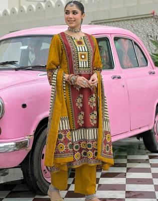women ethnic motifs printed regular mirror work cotton kurta with trousers & with dupatta 6