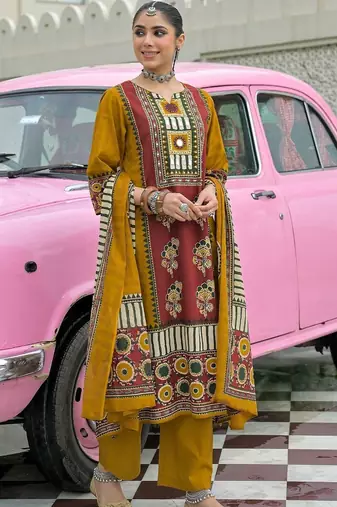 women ethnic motifs printed regular mirror work cotton kurta with trousers & with dupatta