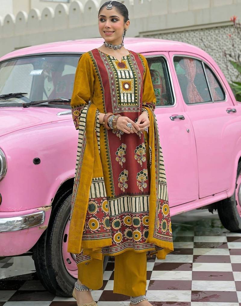 women ethnic motifs printed regular mirror work cotton kurta with trousers & with dupatta