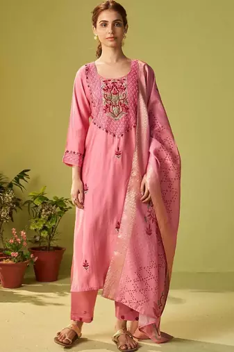 women ethnic motifs embroidered regular thread work kurta with trousers & with dupatta