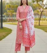 women floral printed empire cotton kurta with trousers & with dupatta