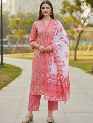 women floral printed empire cotton kurta with trousers & with dupatta 5