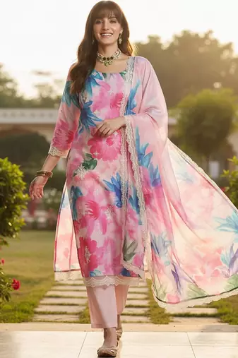 women floral printed regular thread work kurta with trousers & with dupatta