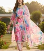 women floral printed regular thread work kurta with trousers & with dupatta