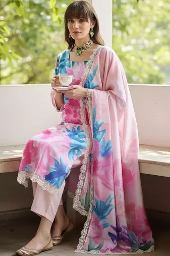 women floral printed regular thread work kurta with trousers & with dupatta