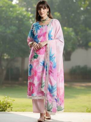 women floral printed regular thread work kurta with trousers & with dupatta 5