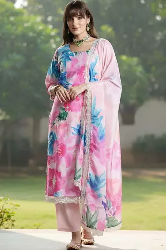 women floral printed regular thread work kurta with trousers & with dupatta