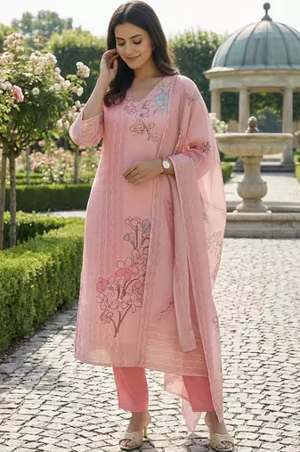 women floral printed regular kurta with trousers & with dupatta