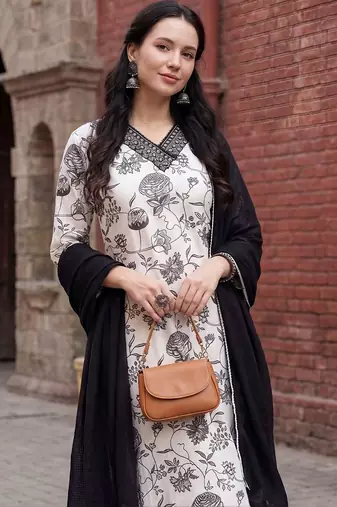 women floral printed regular thread work cotton kurta with trousers & with dupatta
