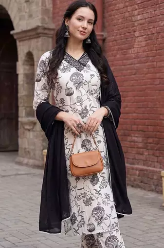 women floral printed regular thread work cotton kurta with trousers & with dupatta