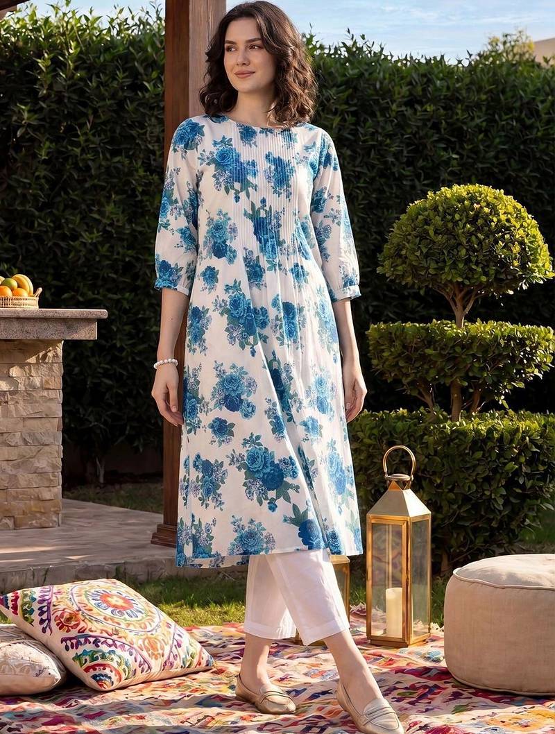women floral printed regular cotton kurta with trousers