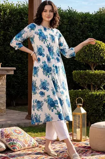women floral printed regular cotton kurta with trousers