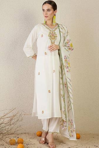 women floral embroidered regular thread work cotton kurta with trousers & with dupatta