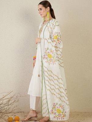 women floral embroidered regular thread work cotton kurta with trousers & with dupatta 6
