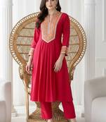 women ethnic motifs embroidered empire thread work kurta with trousers