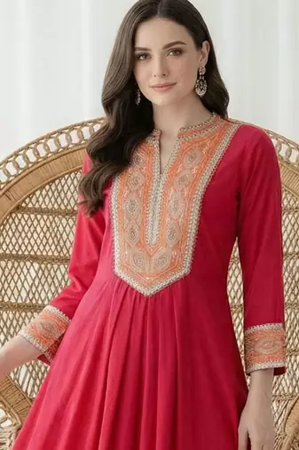 women ethnic motifs embroidered empire thread work kurta with trousers