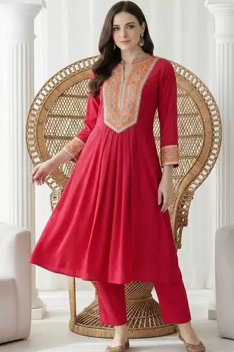 women ethnic motifs embroidered empire thread work kurta with trousers
