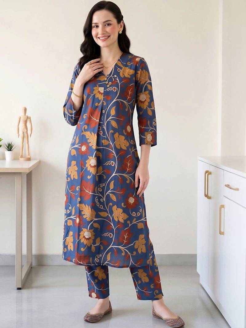 women floral printed regular cotton kurta with trousers