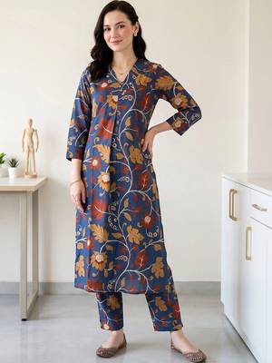 women floral printed regular cotton kurta with trousers 6