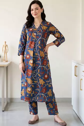 women floral printed regular cotton kurta with trousers