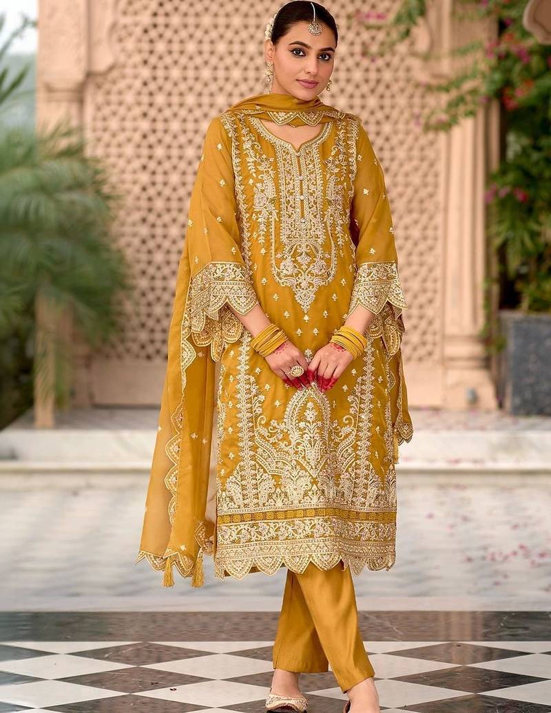 women ethnic motifs embroidered regular thread work kurta with trousers & with dupatta