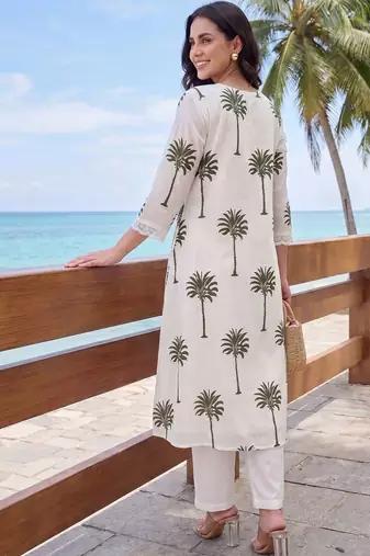 women ethnic motifs printed regular cotton kurta with trousers